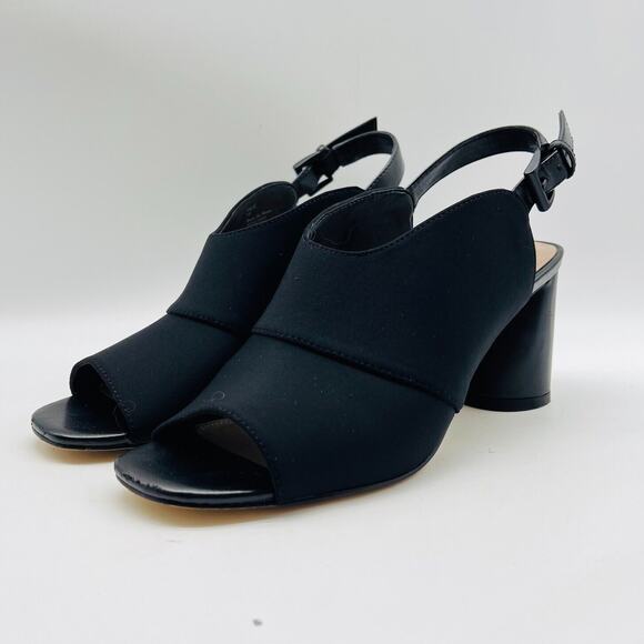 Donald Pliner Womens 7 Black Microfiber Heels Stacked Sandals Slingback Shoes - Picture 4 of 13